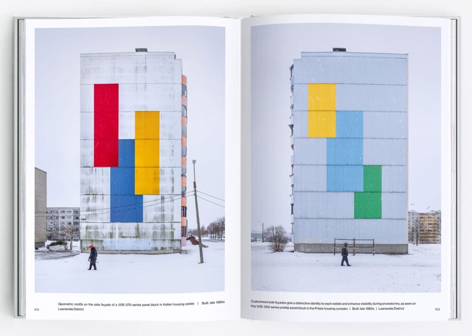 a spread from the book 'Eastern Blocks II' featuring two brutalist residential buildings in winter, each with colorful block murals on the sides