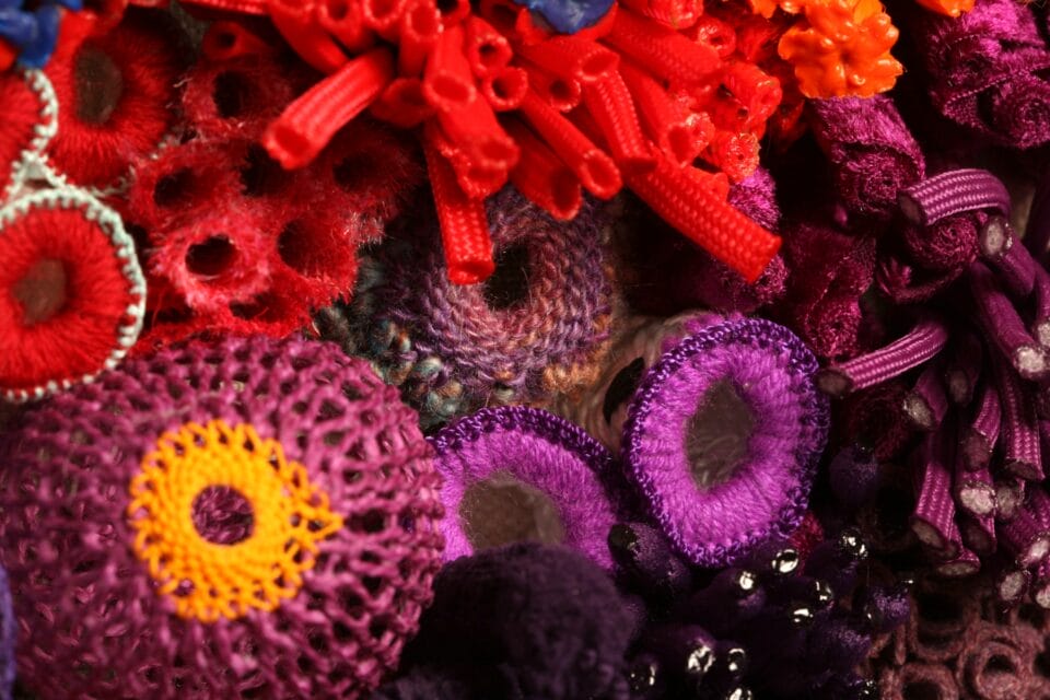 a detail of a vibrant fiber work evoking corals, molds, and other organic forms