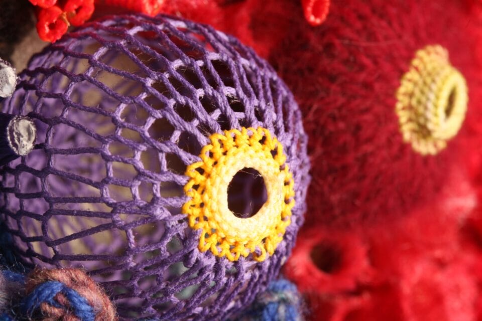a detail of a vibrant fiber work evoking corals, molds, and other organic forms