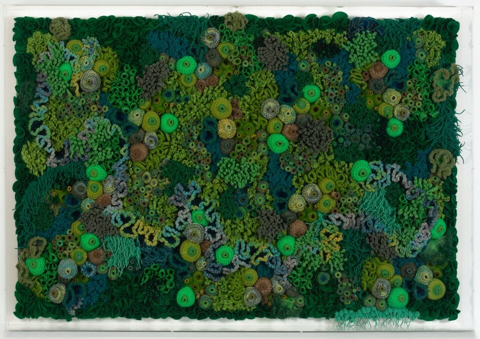 a vibrant fiber work evoking corals, molds, and other organic forms