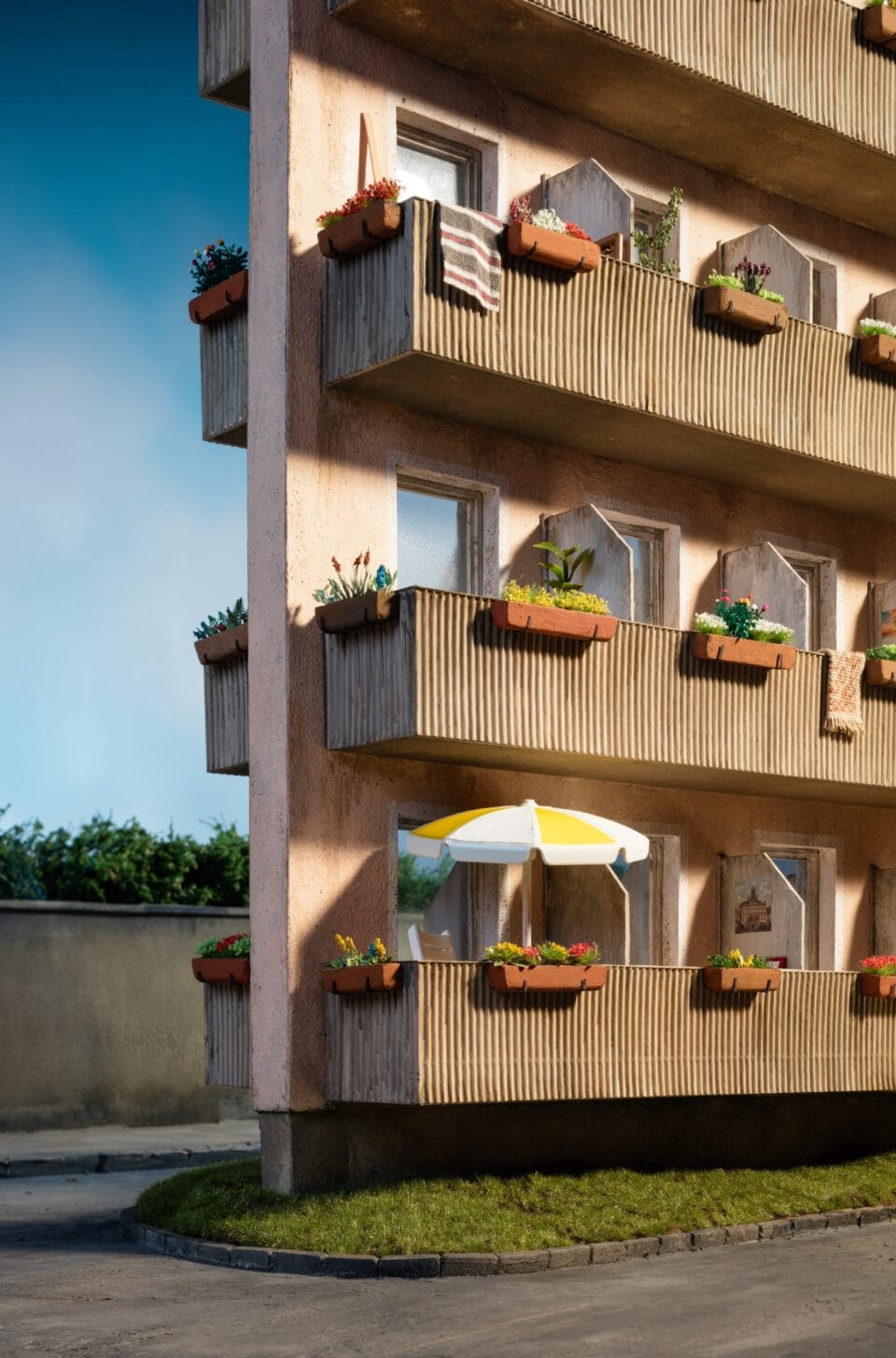 a photo of a miniature set showing an uncanny, narrow apartment building with balconies but no space for rooms between the doors on either side