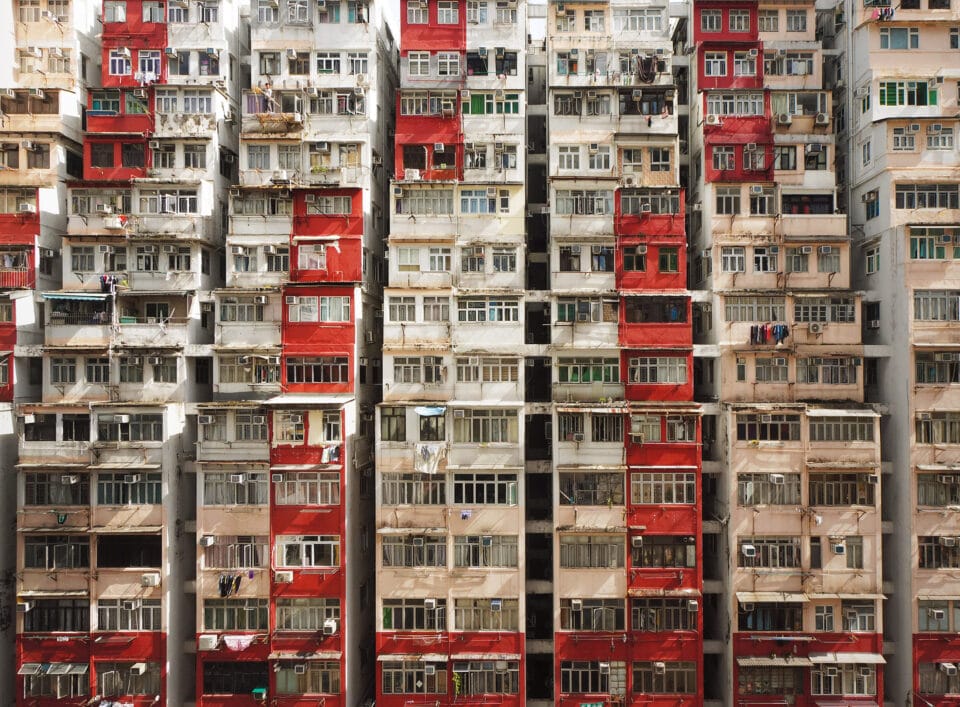 tall residential buildings in white and red