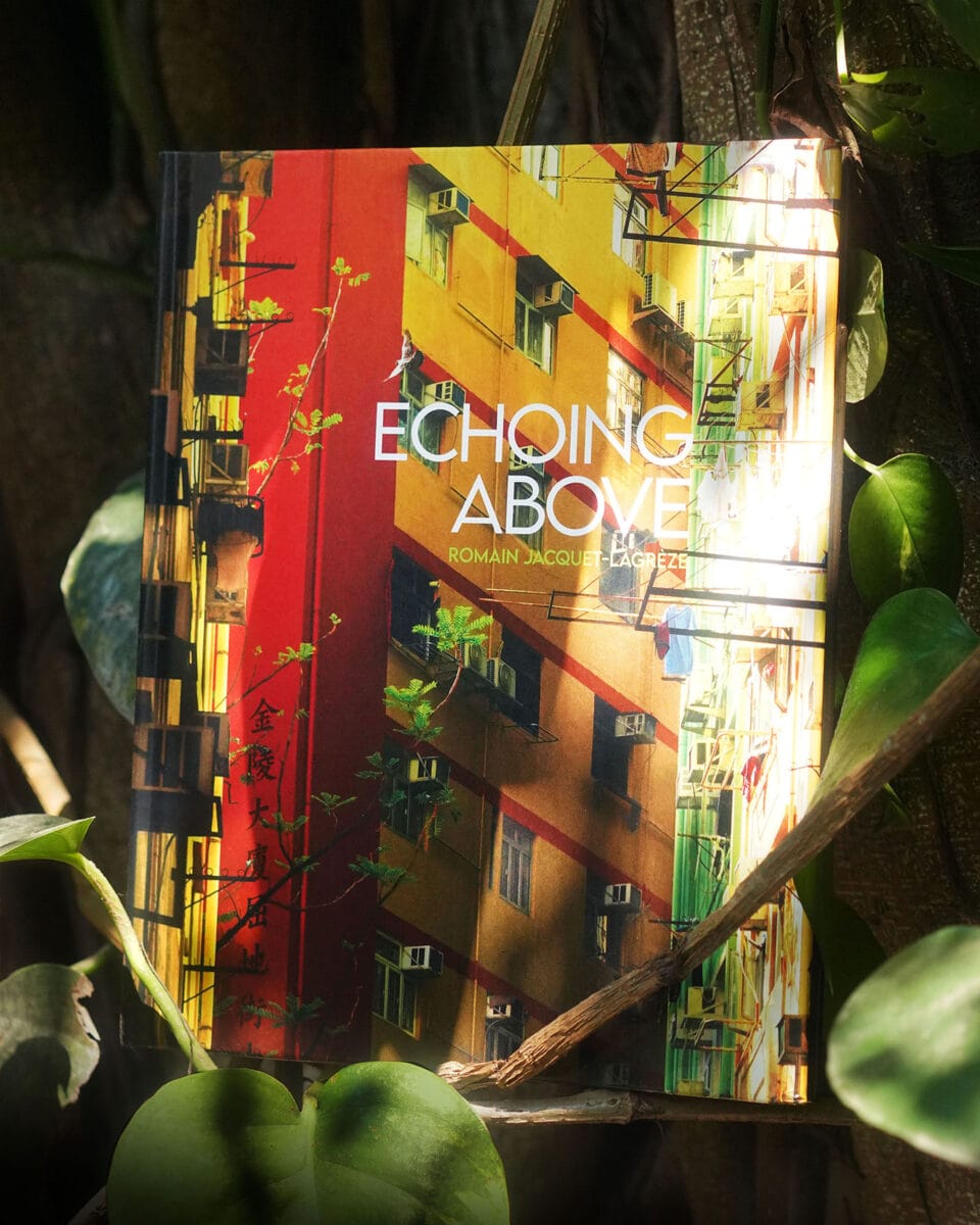 a book with an architectural photo nested in plants
